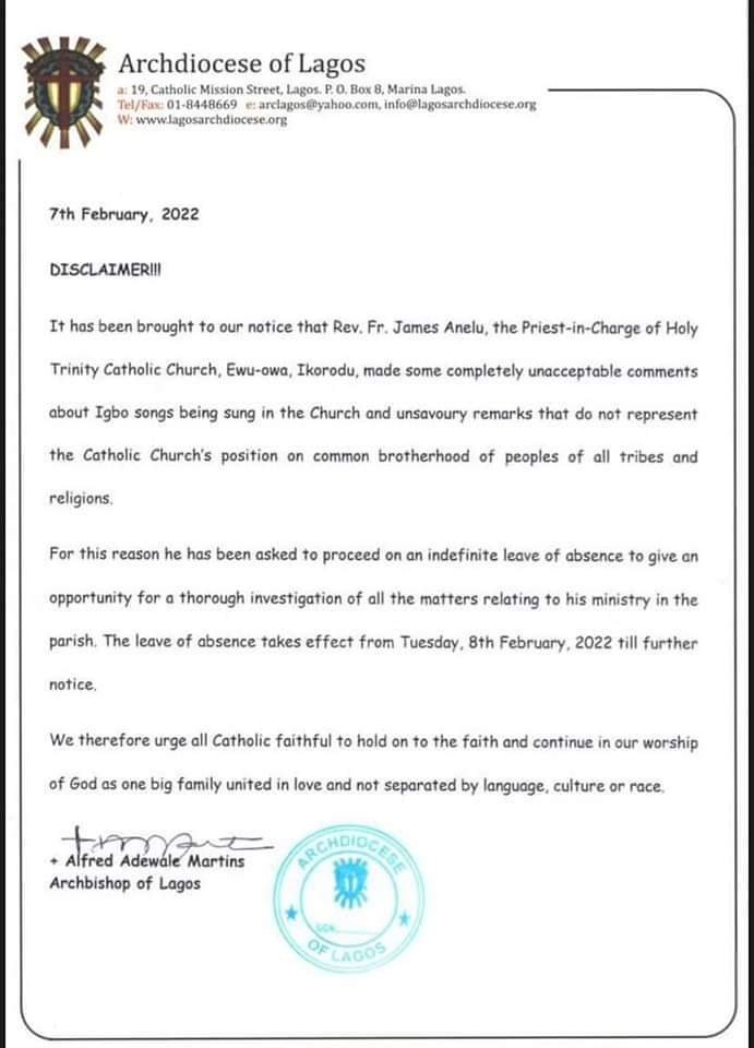 Catholic Church Suspends Priest Indefinitely For Banning Igbo Songs In Church 1 FB IMG 1644306445268