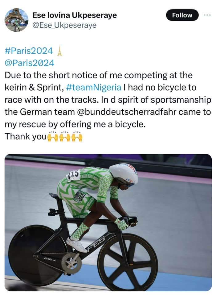 Paris Olympics: Nigerian cyclist borrows bicycle from Germany to compete 3 FB IMG 1723132861085